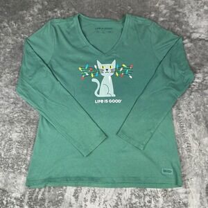 Life is Good Womens Green Christmas Cat Holiday Lights Crusher V-Neck Tee Large